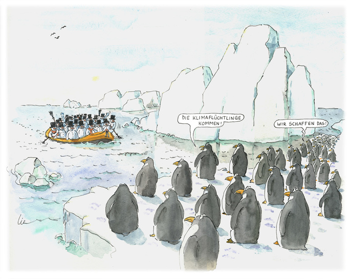Karrikatur zu den Themen Klimawandel und Flucht | © Erik Liebermann